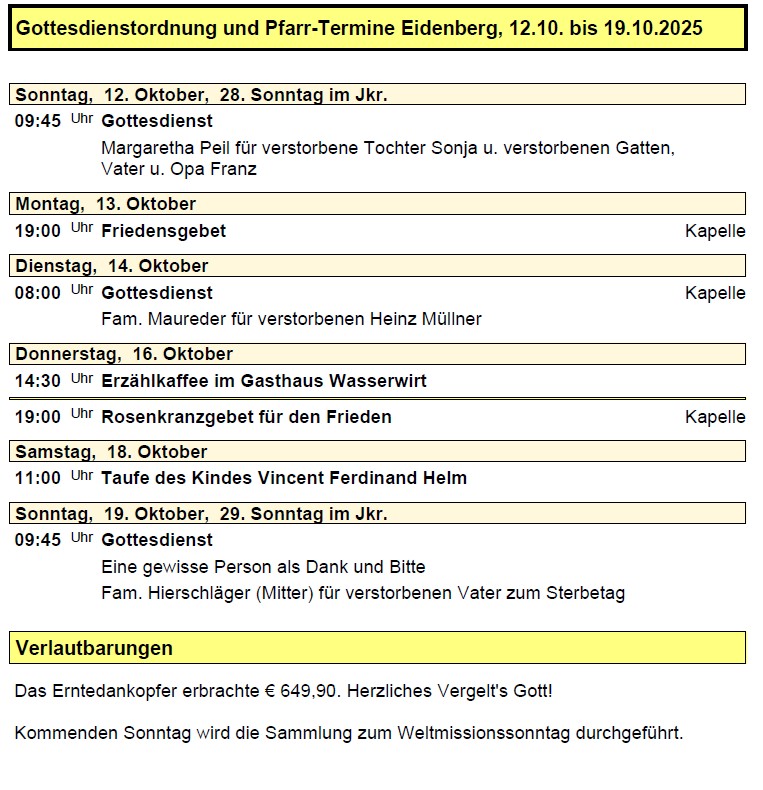 Pfarre Eidenberg - Verkündzettel 20251012